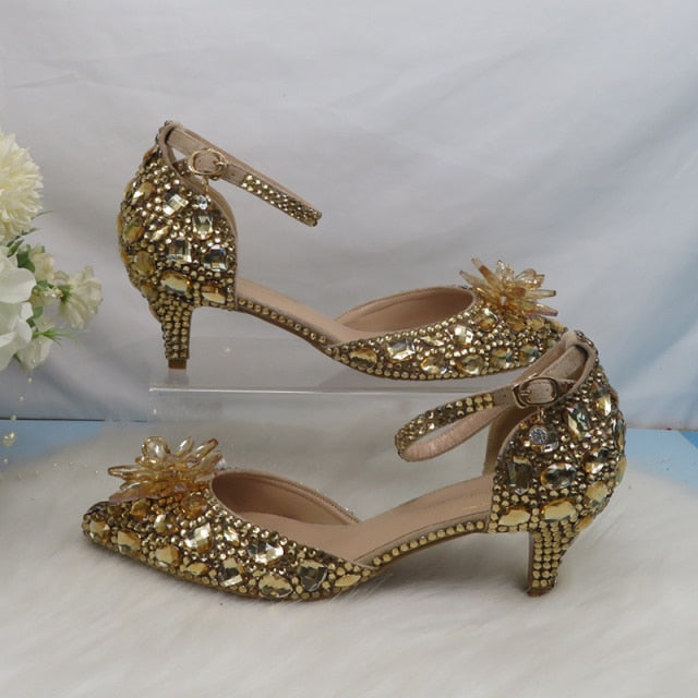 Levoire | Champagne Chaussures En Cristal Doré 5cm avec fleur