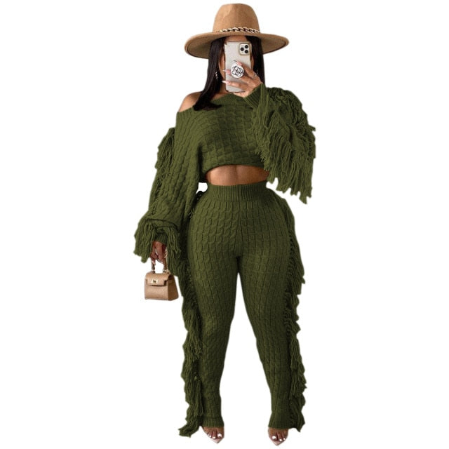 Levoire | Pull En Tricot À Pompons Sexy Ensemble Deux Pièces Vert armée