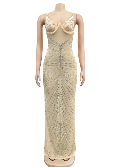 Levoire | Robe Maxi Transparente En Mesh Strass Abricot