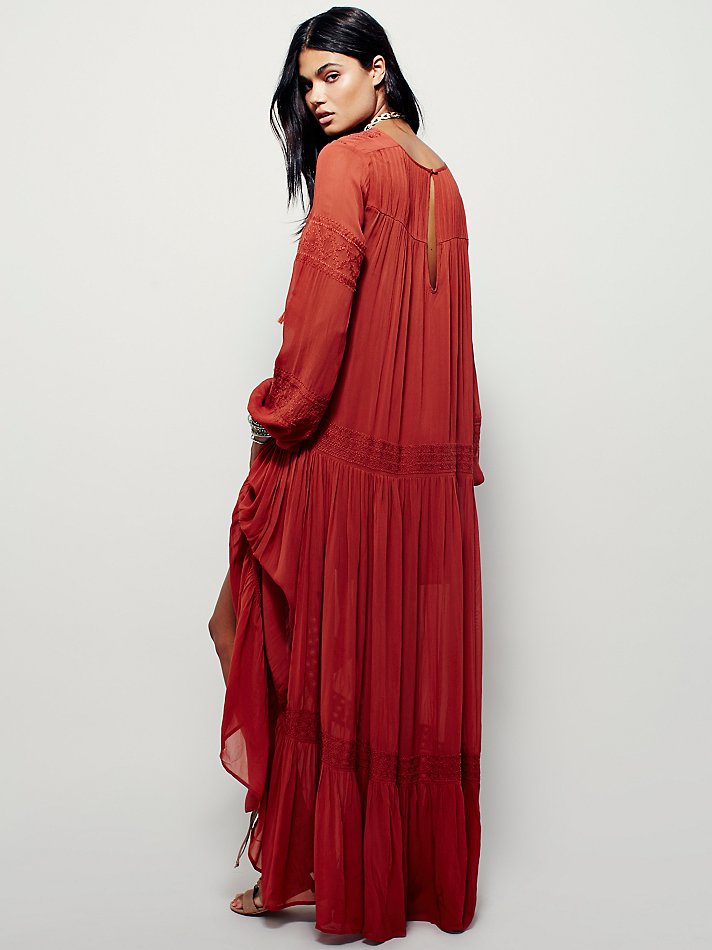 Levoire | Vintage Long Sleeve Embroidered Orange Red Maxi Dress OrangeRouge