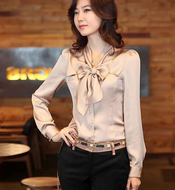 Levoire | Manches Longues Col En V Nœud Satin Chemises Beige