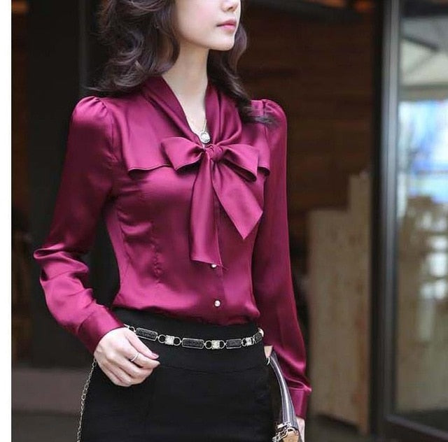 Levoire | Manches Longues Col En V Nœud Satin Chemises Fuchsia