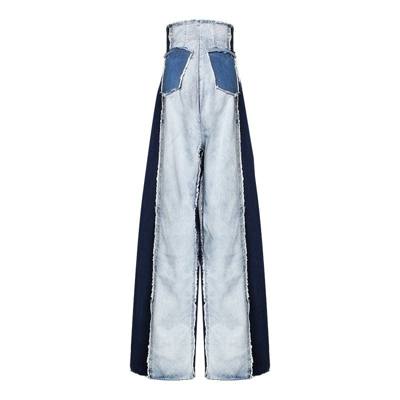 Levoire | Pantalon En Denim Patchwork Décontracté Taille Haute Couleur Tendance
