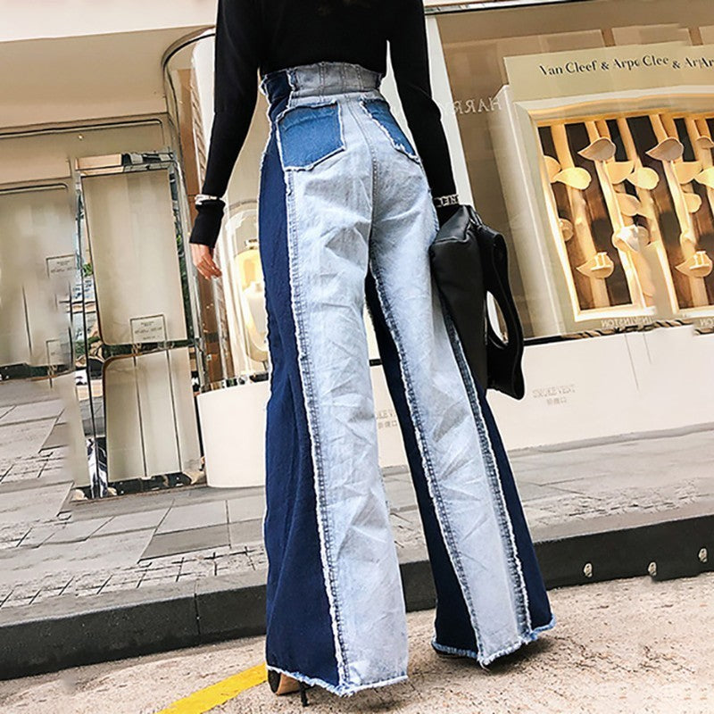 Levoire | Pantalon En Denim Patchwork Décontracté Taille Haute Couleur Tendance