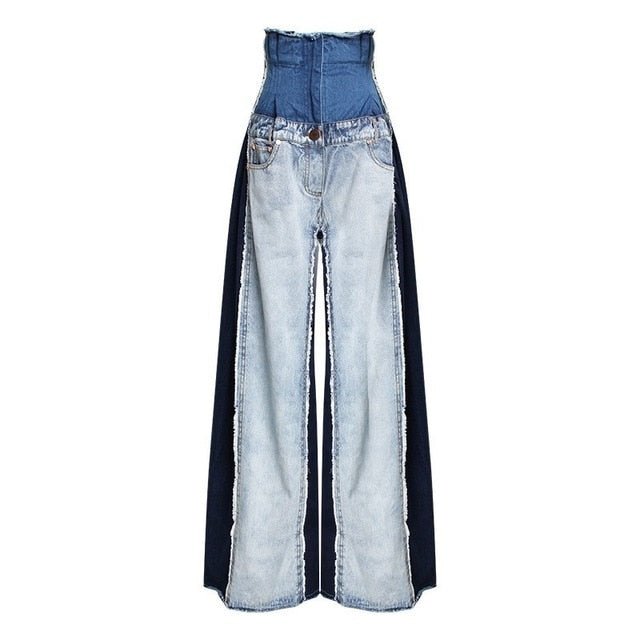 Levoire | Pantalon En Denim Patchwork Décontracté Taille Haute Couleur Tendance bleu