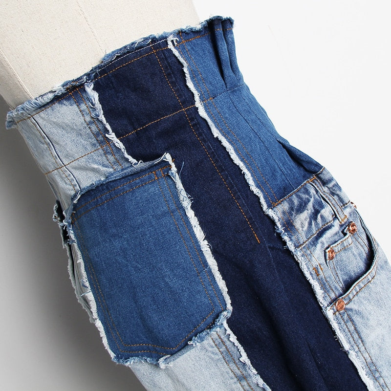Levoire | Pantalon En Denim Patchwork Décontracté Taille Haute Couleur Tendance