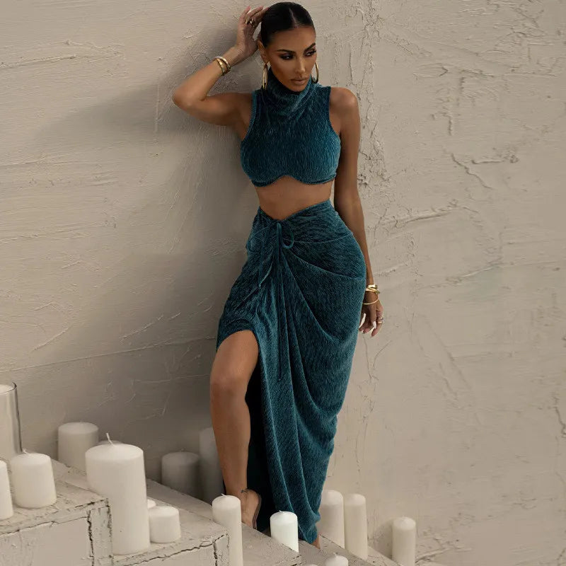 Levoire | Gilet Court Sans Manches Et Jupe Fendue CYAN