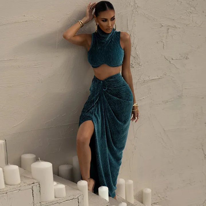 Levoire | Gilet Court Sans Manches Et Jupe Fendue CYAN