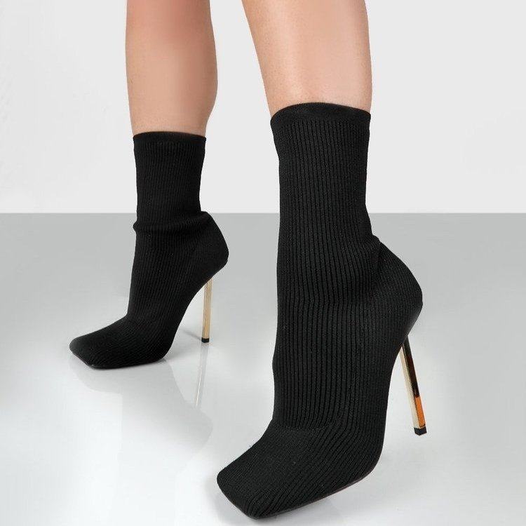 Levoire | escarpin stiletto hauteur de cheville bout carré tricoté élastique NOIR