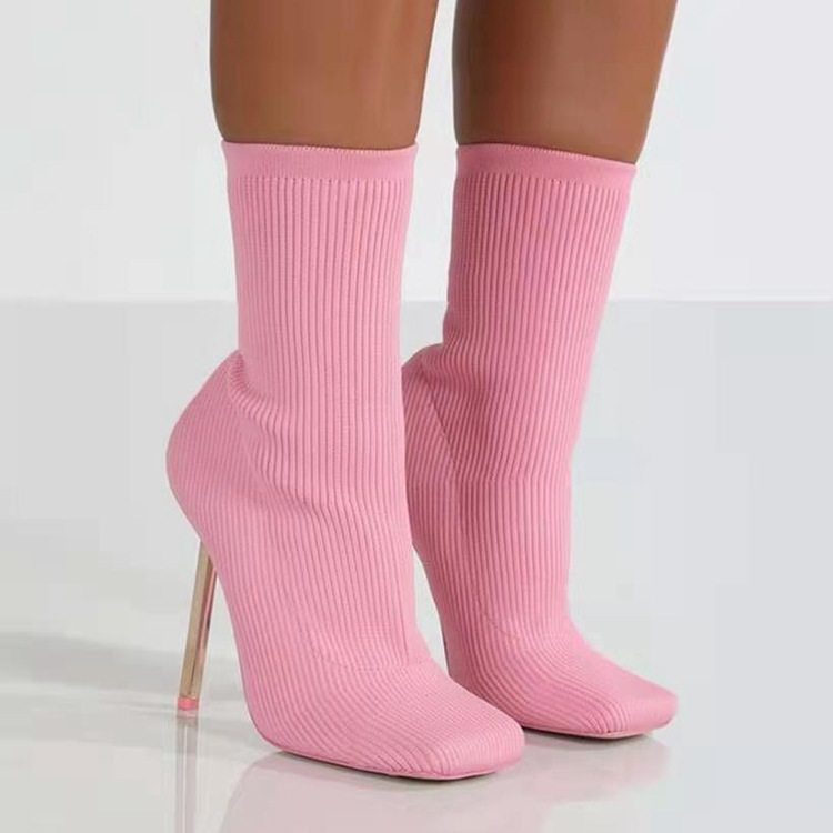Levoire | escarpin stiletto hauteur de cheville bout carré tricoté élastique ROSE