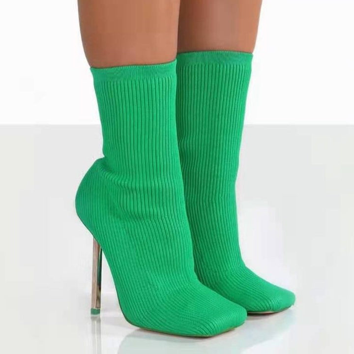 Levoire | escarpin stiletto hauteur de cheville bout carré tricoté élastique VERT