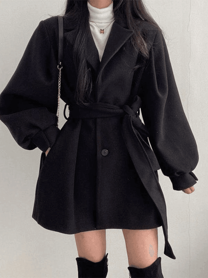 Levoire | Manteau En Laine Ceinturé À Manches Bouffantes Noir
