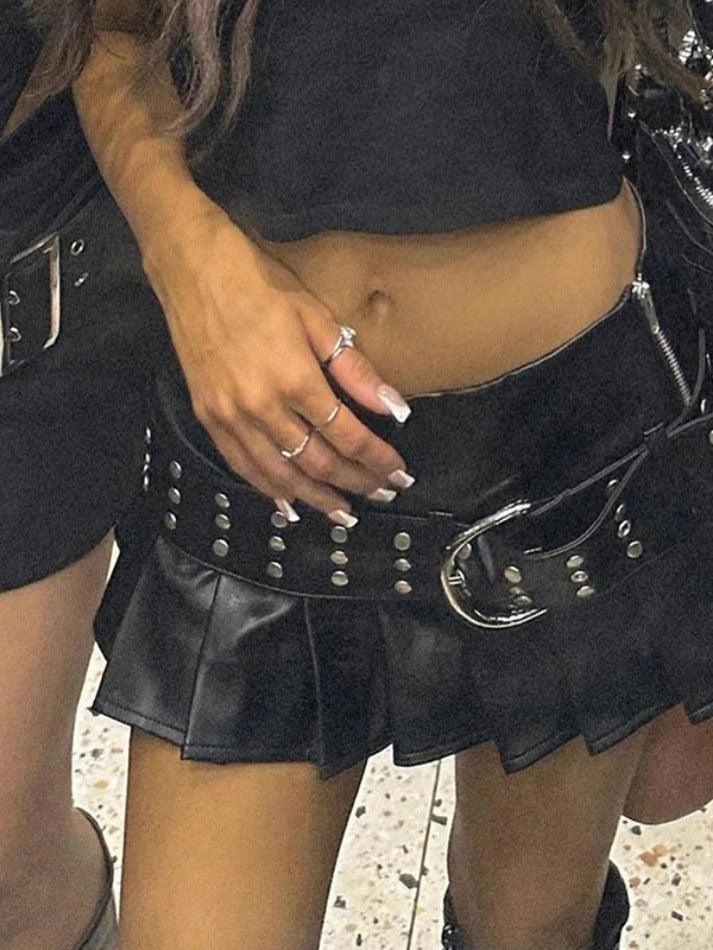 Levoire | Punk Clous Ceinture Plissé Fente Cuir Mini Jupe