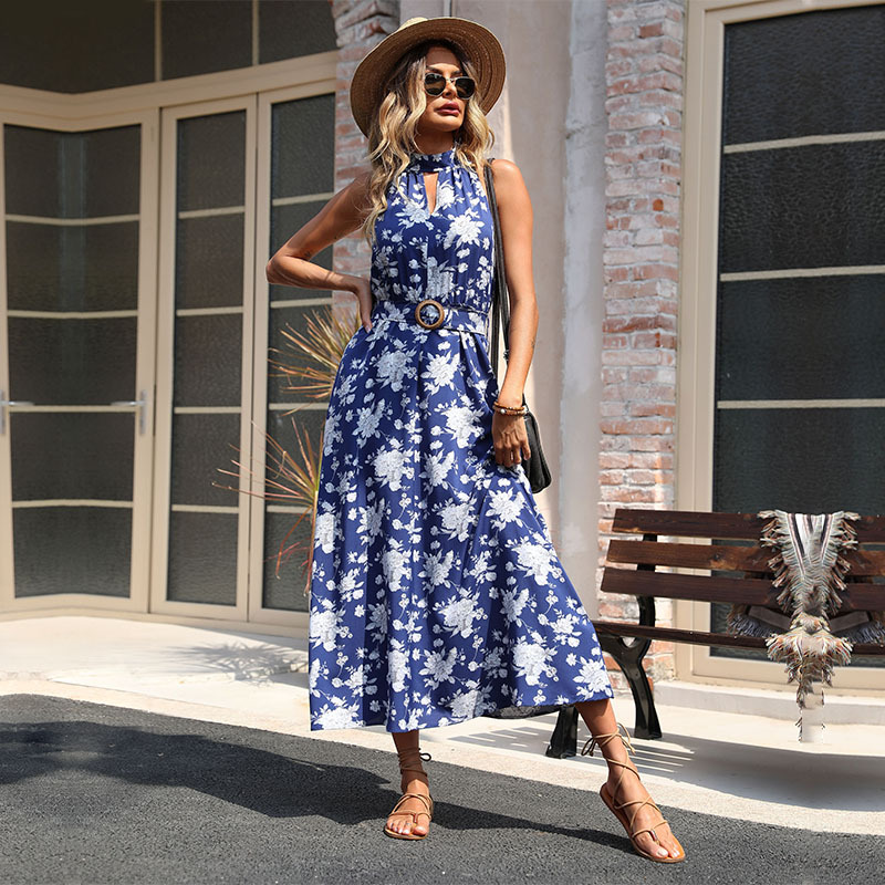 Levoire | Femme Imprimé Sans Manches Foulard Robe Bleu roi