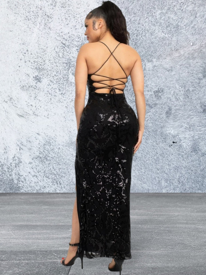 Levoire | Robe Noire À Fente Haute Sans Manches En Sequins
