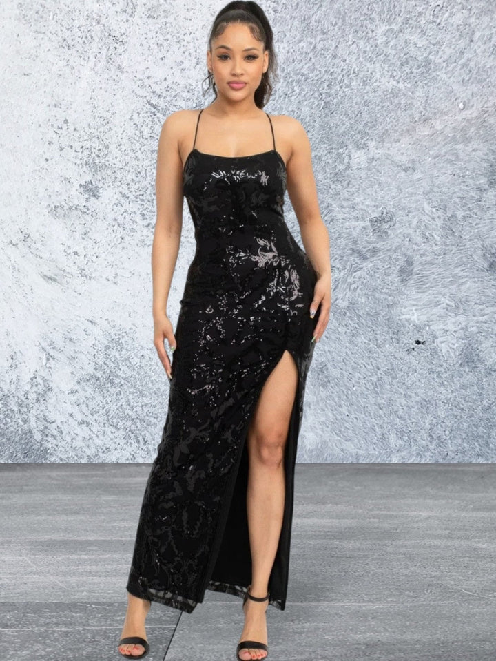 Levoire | Robe Noire À Fente Haute Sans Manches En Sequins Noir L