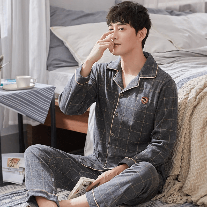 Levoire | Pyjama pour hommes en coton Ensemble Vêtements de détente Respirant Gris à carreaux