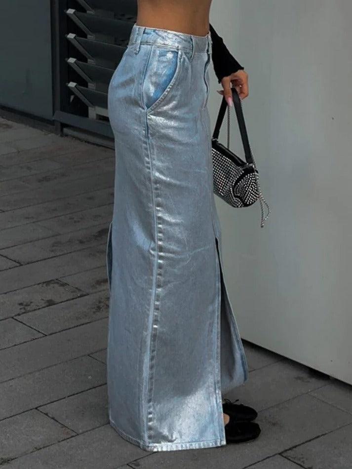 Levoire | Jupe Maxi En Denim À Fente Réfléchissante