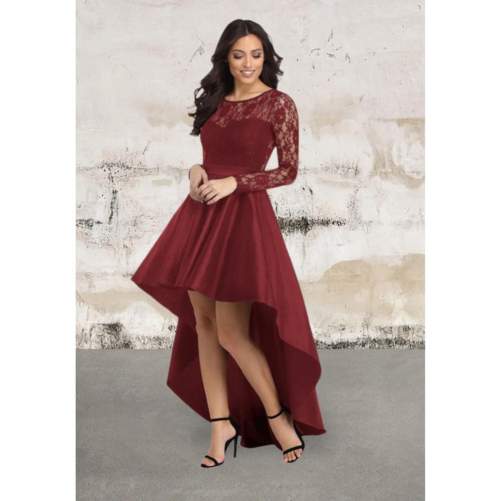 Levoire | Robe En Satin Noire À Manches Longues En Dentelle Haut-Bas XL Rouge bourgogne