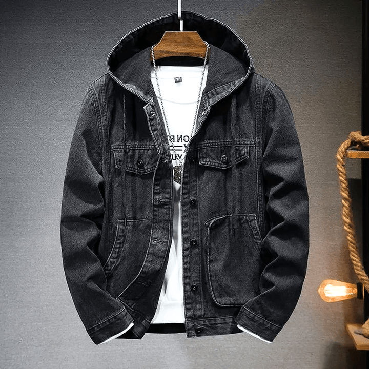 Levoire | Veste en denim look vintage avec capuche pour hommes Noir
