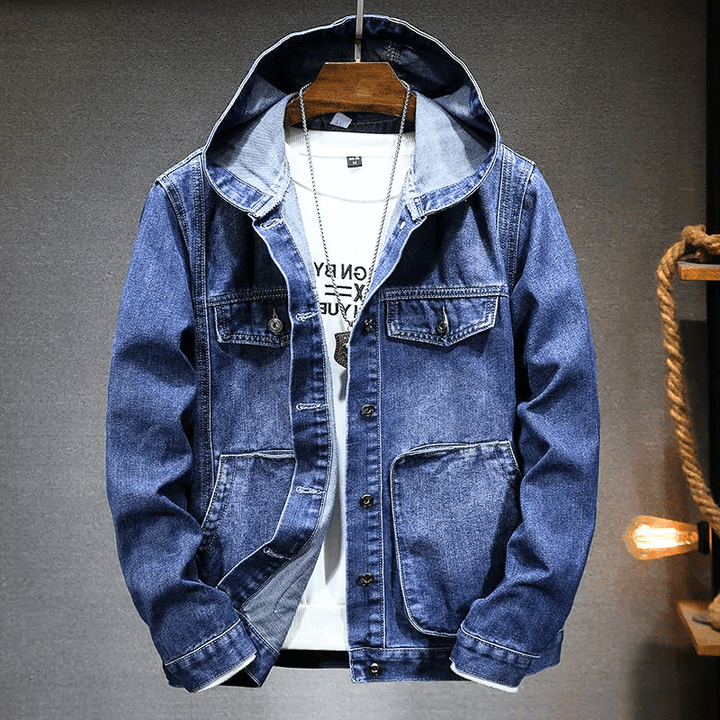 Levoire | Veste en denim look vintage avec capuche pour hommes Bleu foncé