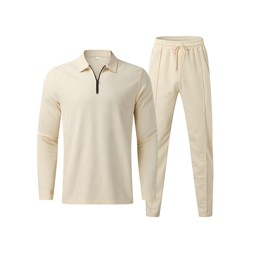 Levoire | Pantalon élastique décontracté pour homme avec polo à demi-zip élégant taille printemps/été Beige