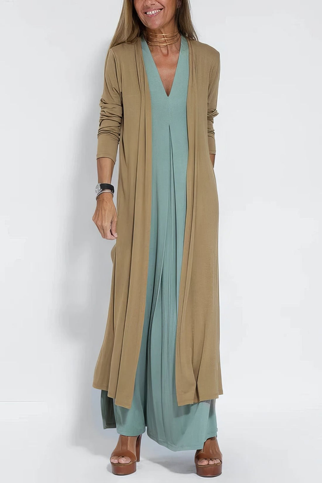 Levoire | Robe Sans Manches À Décolleté Long Avec Cardigan Assorti Style Élégant Décontracté