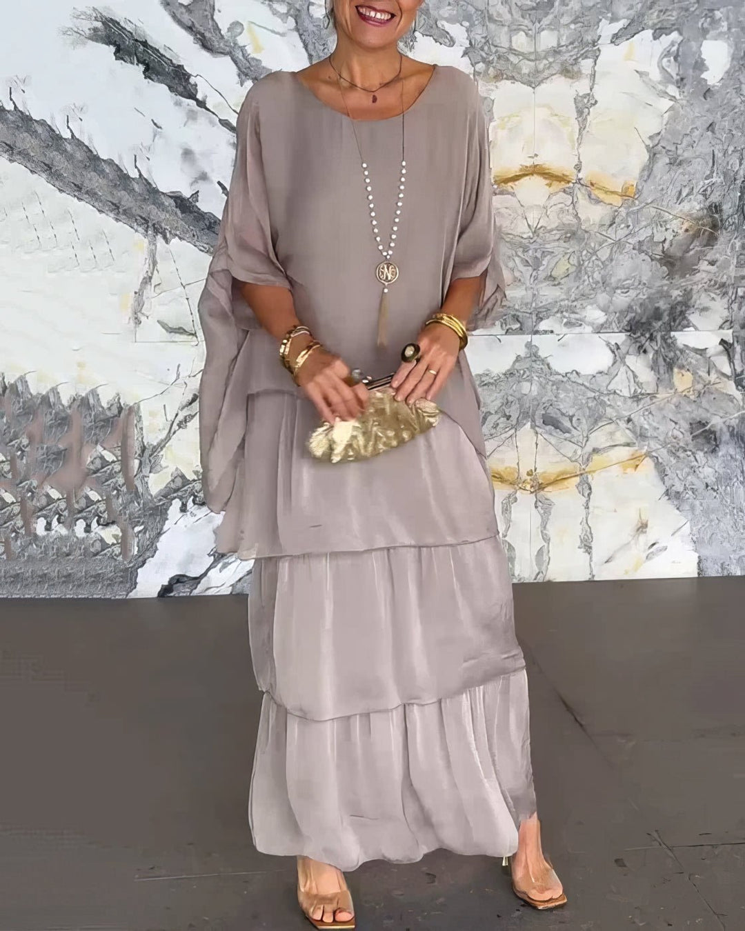 Levoire | Robe Longue Droite À Manches Longues Pour Femmes Gris