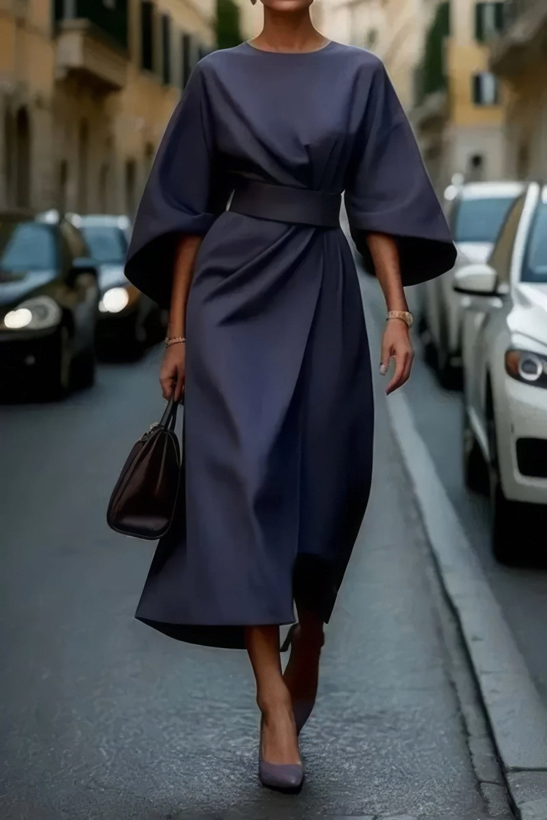 Levoire | Robe Midi Avec Manches Bouffantes Pour Femmes Bleu foncé