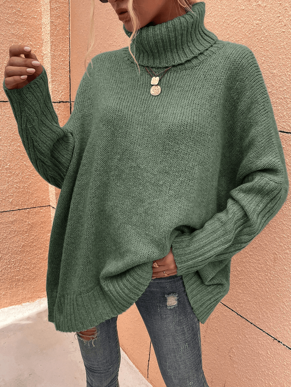 Levoire | Pull à col roulé pour femmes Pull raglan décontracté Tissu doux Vert