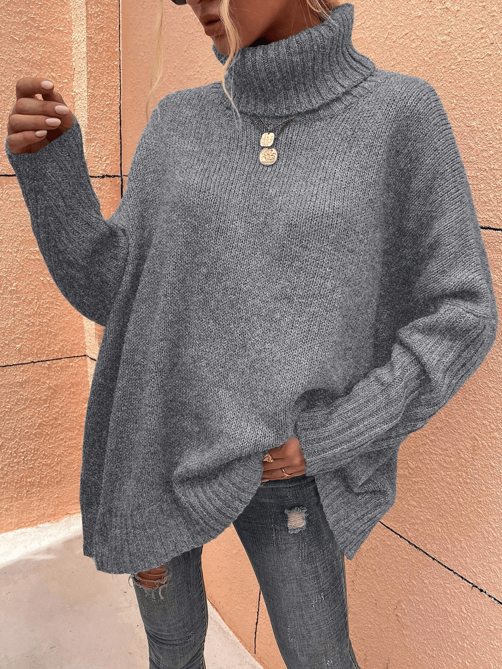 Levoire | Pull à col roulé pour femmes Pull raglan décontracté Tissu doux Gris