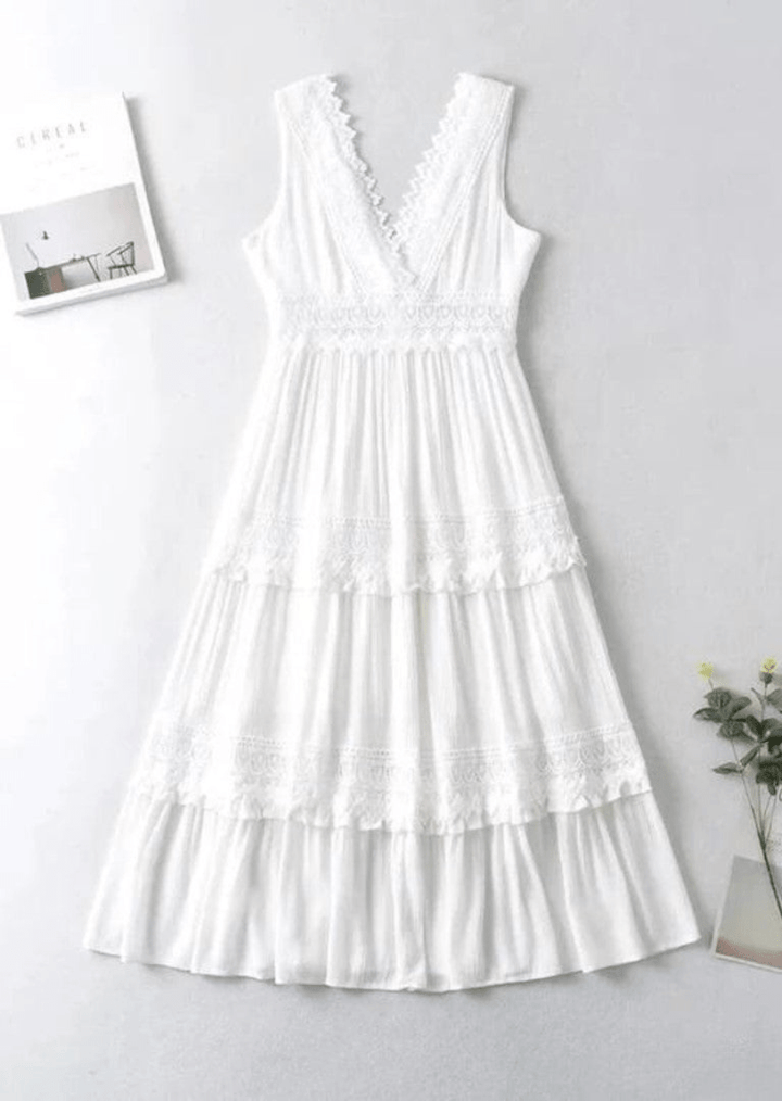 Levoire | Robe Maxi Élégante pour Femmes Avec Décolleté V en Dentelle Robe Blanche Blanc