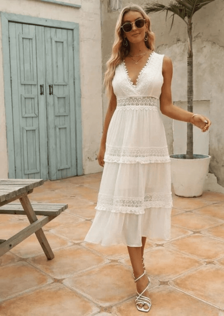 Levoire | Robe Maxi Élégante pour Femmes Avec Décolleté V en Dentelle Robe Blanche