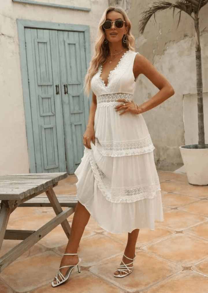 Levoire | Robe Maxi Élégante pour Femmes Avec Décolleté V en Dentelle Robe Blanche