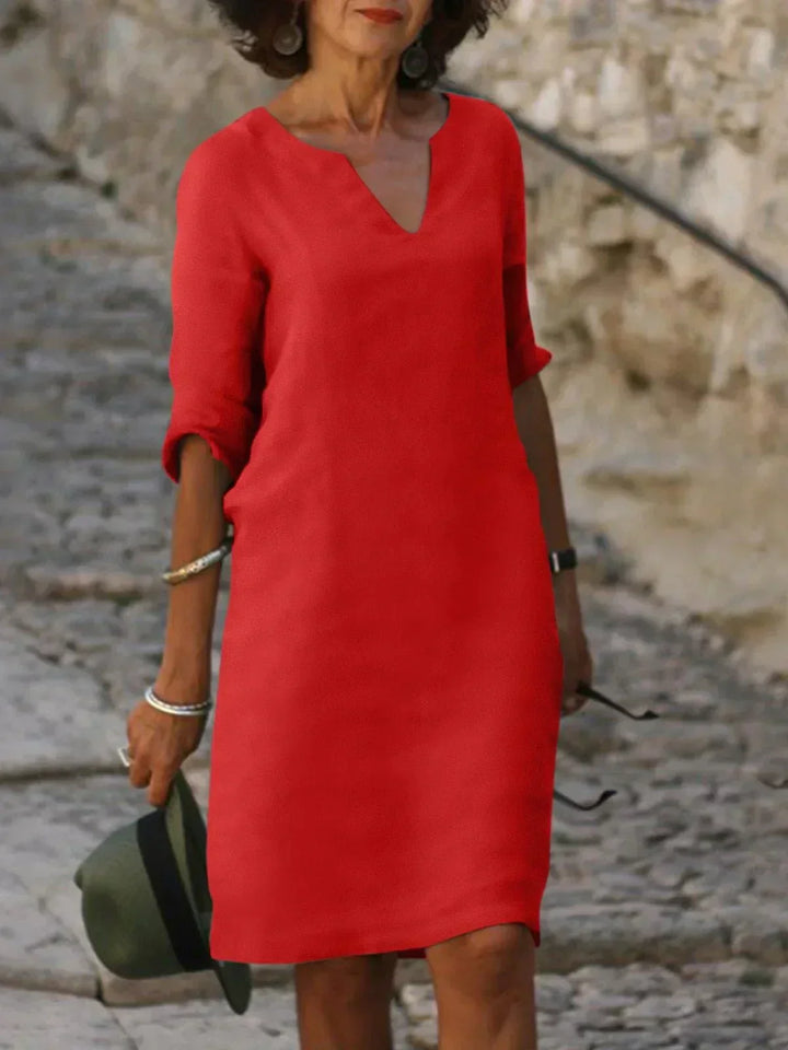 Levoire | Élégante Robe À Décolleté En V Avec Des Manches Retroussées Pour Femmes Rot