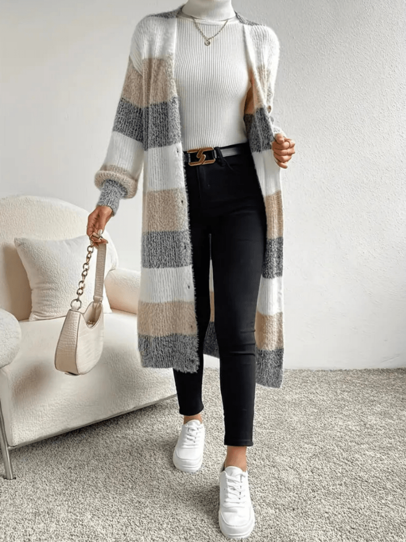 Levoire | Pull chaud pour femmes gilet rayé avec boutons confortable et stylé L
