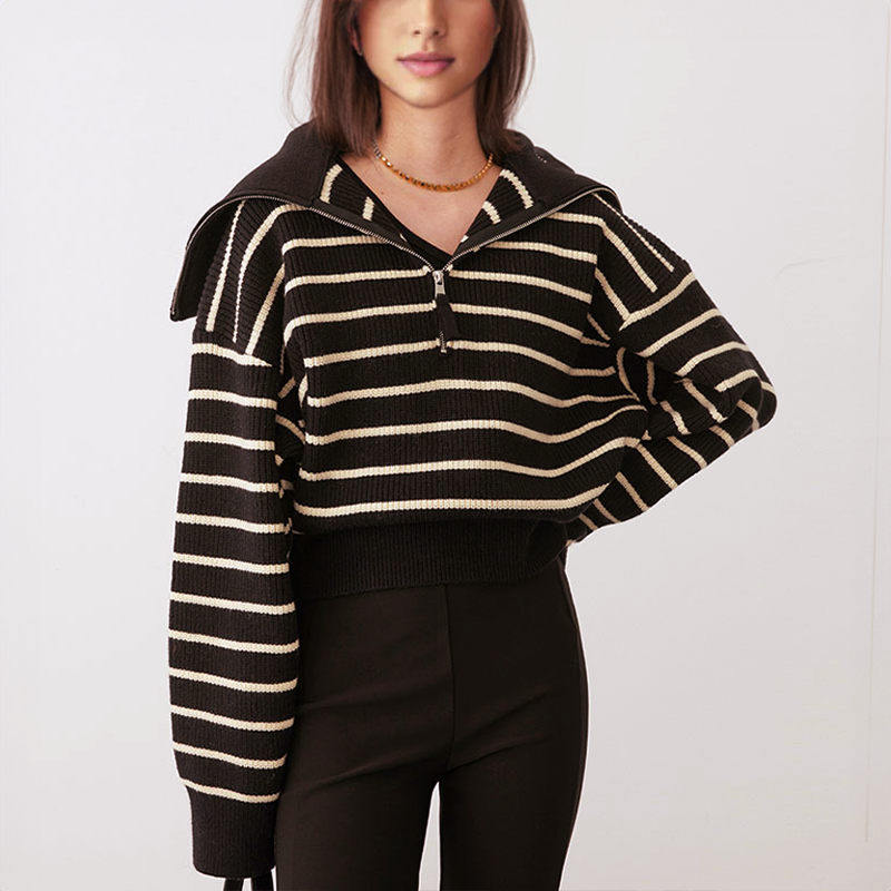 Levoire | Pull Manches Longues Rayé Fermeture Semi-Ventilée Noir