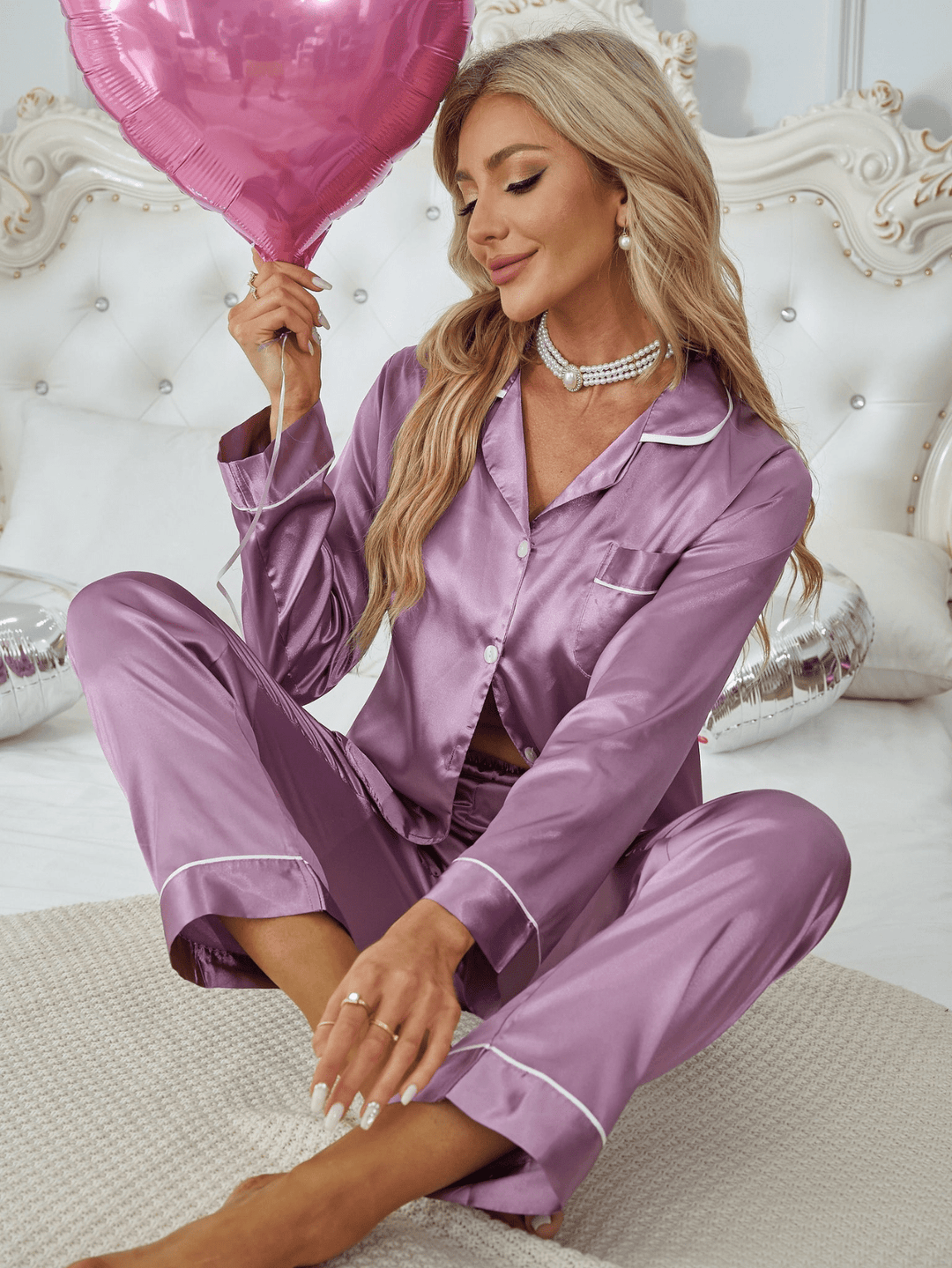 Levoire | Chemise de nuit satin boutons Violet Lilas