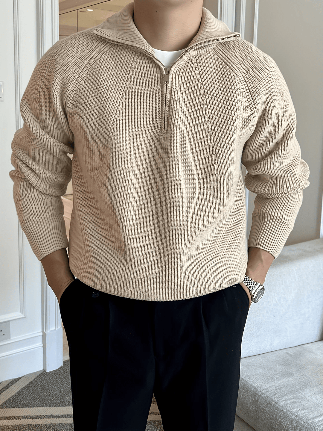 Levoire | Hommes Décontracté Haut Pull en Tricot à Demi-Zip Khaki