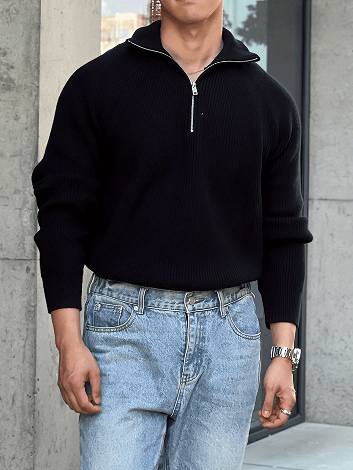 Levoire | Hommes Décontracté Haut Pull en Tricot à Demi-Zip Noir