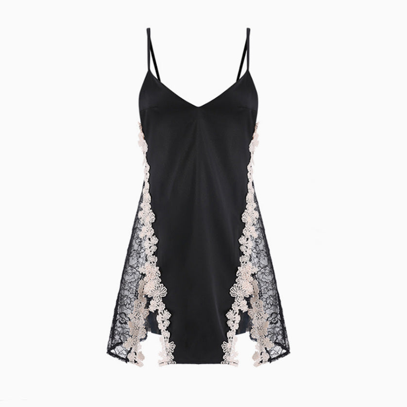 Levoire | Robe Nuisette En Satin À Bretelles Spaghetti Et Fleurs En Dentelle Sexy Dos Nu