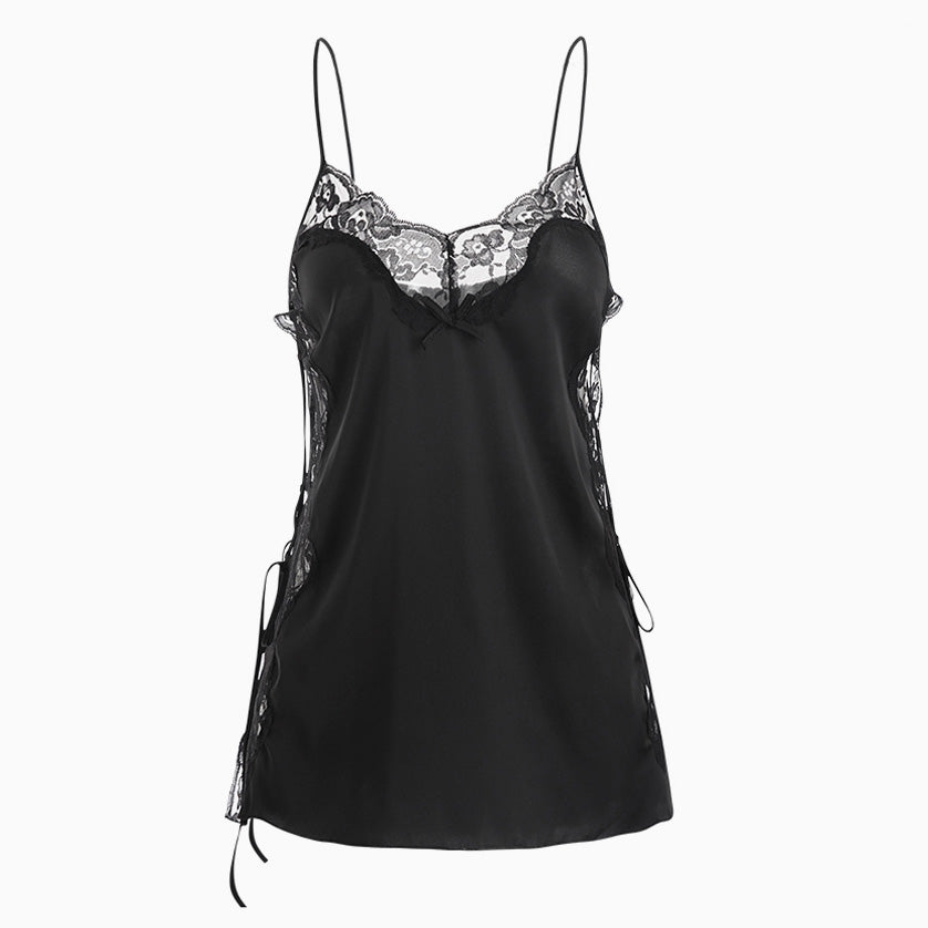 Levoire | Lacets Sur Le Côté Bretelles Spaghetti Bord À Vagues Finition En Dentelle Chemise De Nuit