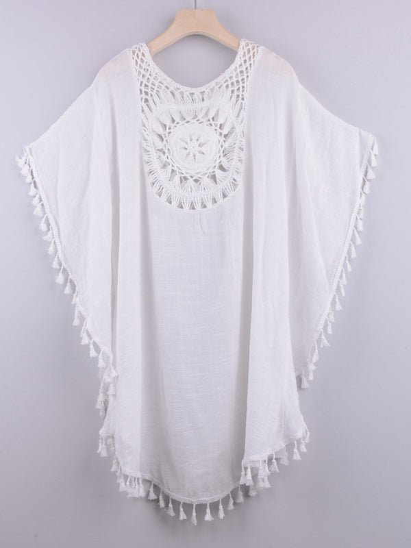 Levoire | Sexy Off-Shoulder troué bikini à franges lâches avec chemisier de plage Ins Blanc UNE TAILLE