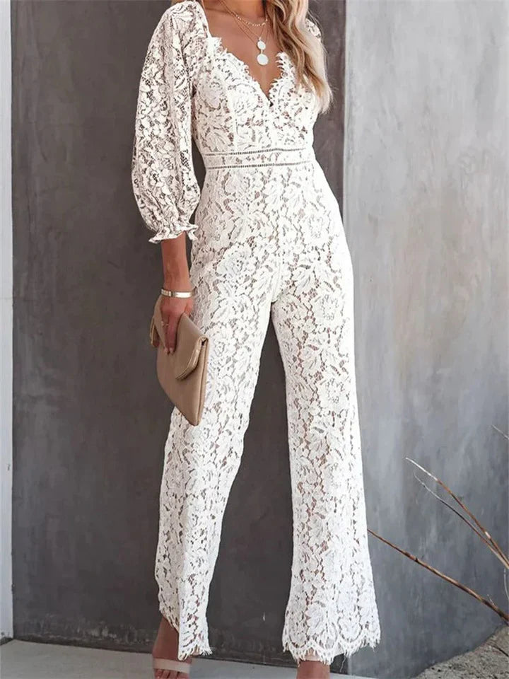 Levoire | Combinaison Blanche Avec Motif De Fleurs Creuses Et Décolleté En V Pour Femmes Blanc