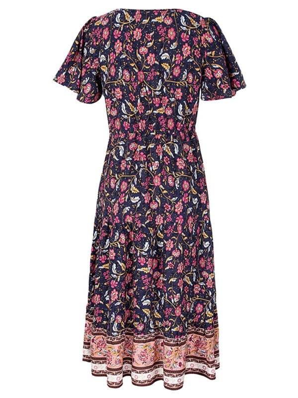 Levoire | Robe mi-longue asymétrique à fleurs petite motif slim-fit avec décolleté en V et manches courtes