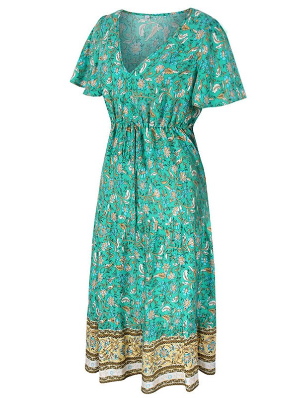 Levoire | Robe mi-longue asymétrique à fleurs petite motif slim-fit avec décolleté en V et manches courtes
