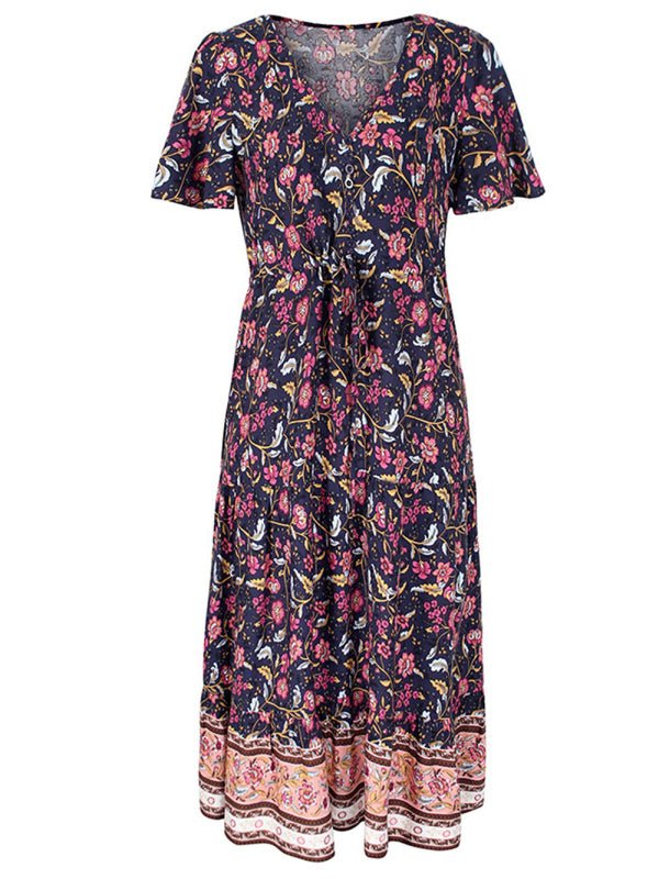 Levoire | Robe mi-longue asymétrique à fleurs petite motif slim-fit avec décolleté en V et manches courtes