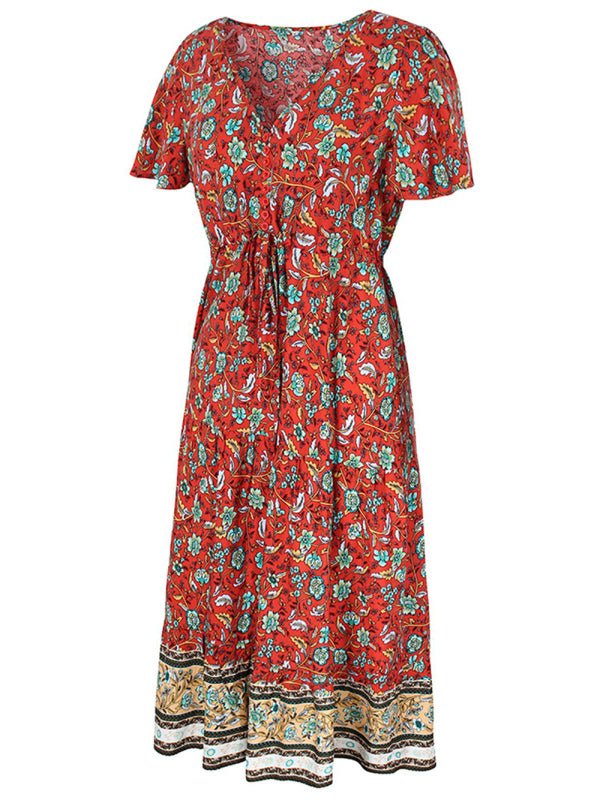 Levoire | Robe mi-longue asymétrique à fleurs petite motif slim-fit avec décolleté en V et manches courtes