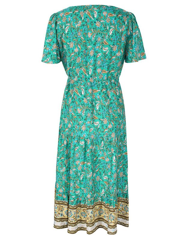 Levoire | Robe mi-longue asymétrique à fleurs petite motif slim-fit avec décolleté en V et manches courtes