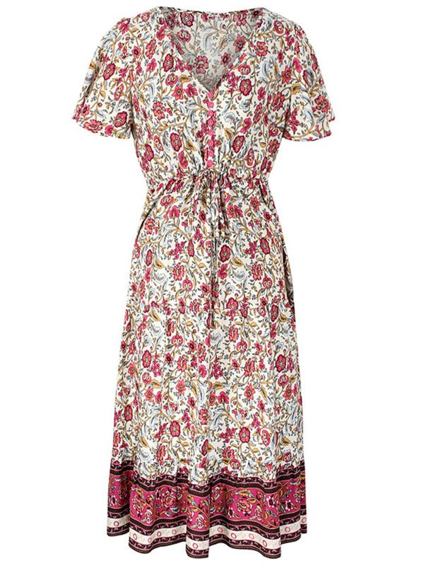 Levoire | Robe mi-longue asymétrique à fleurs petite motif slim-fit avec décolleté en V et manches courtes